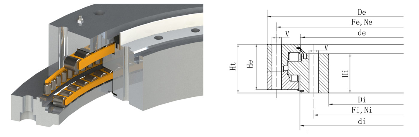 Gearless three-row cylindrical roller slewing bearing model parameters