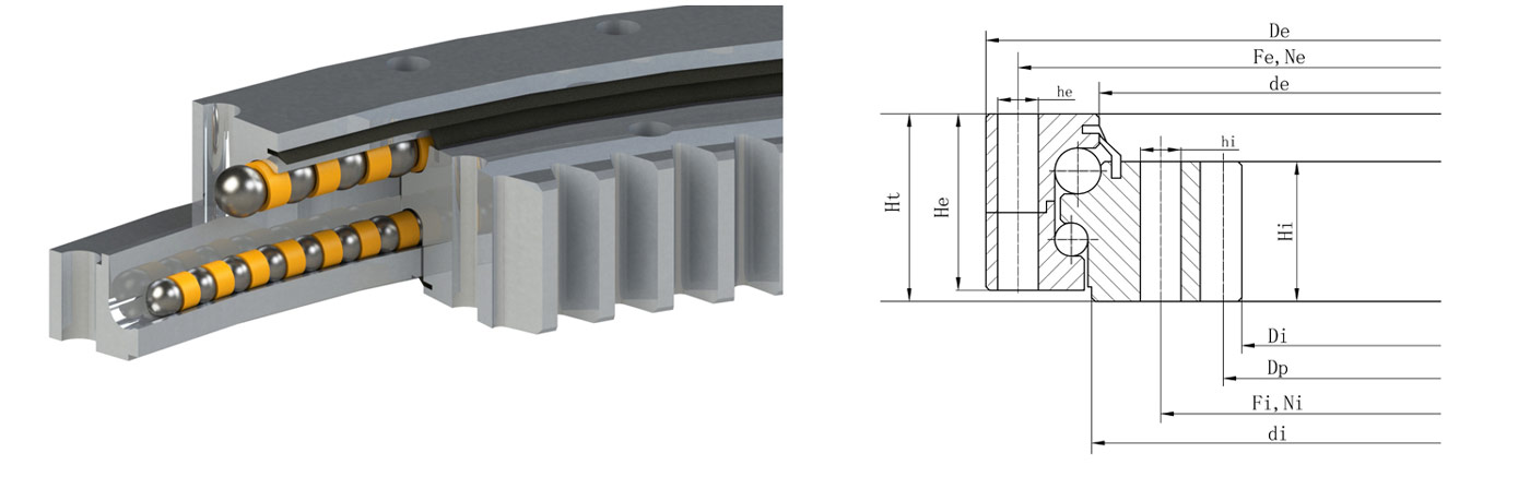 Internal gear type double-row different diameter ball slewing bearing model parameters