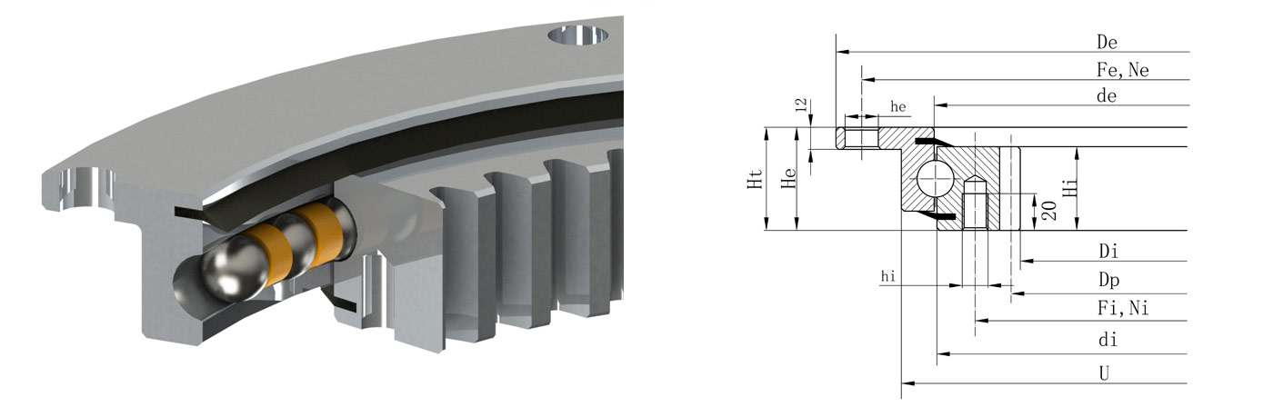 Parámetros del modelo del cojinete de la mesa giratoria de la brida del engranaje interior